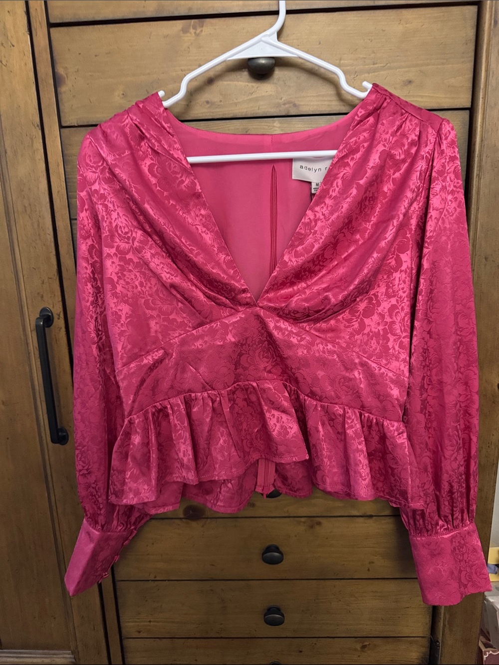 Adelyn Rae Hot Pink Floral Jacquard Satin Peplum Blouse